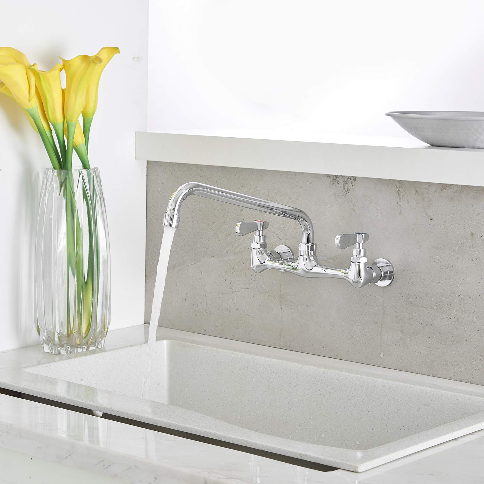 Kitchen Faucet Wall Mount With 12 Inch Swivel Spout 8'' Center Commercial Sink 2-Handle No Lead Faucet Mixer Tap Polish Chrome